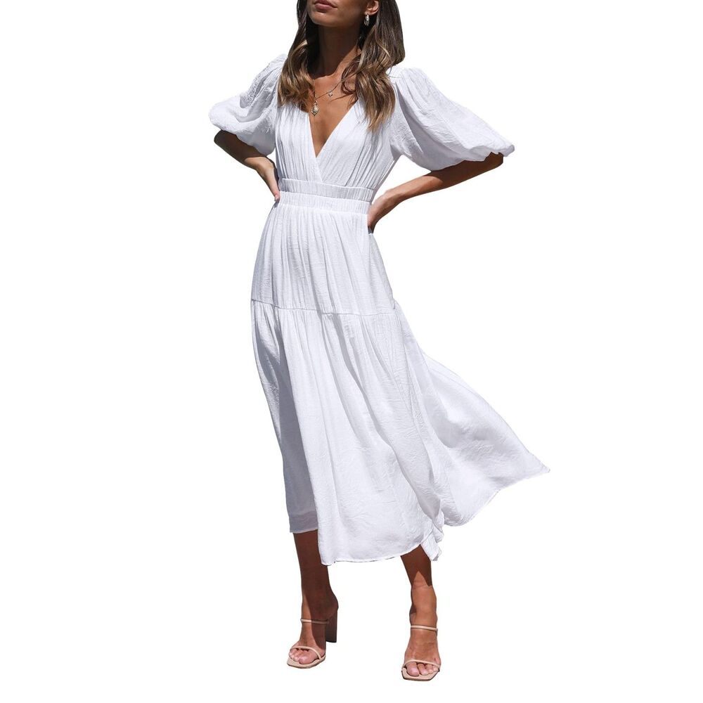 Women's White V-Neck Puff Sleeve Tiered A-Line Maxi Flowy Dress, Size S (4-6)